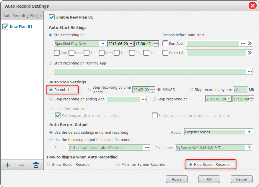 impostazioni di registrazione automatica