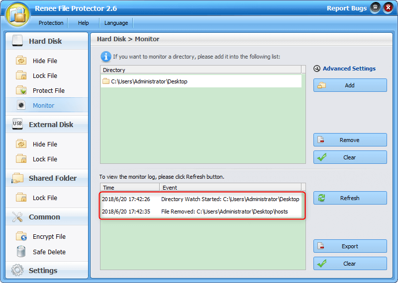 controllare i registri di monitoraggio in renee file protector