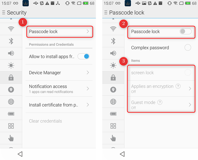 imposta password in-android-device