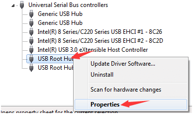 selezionare le proprietà dell'hub root USB
