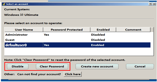 rimuovere la password per l'account defaultuser0
