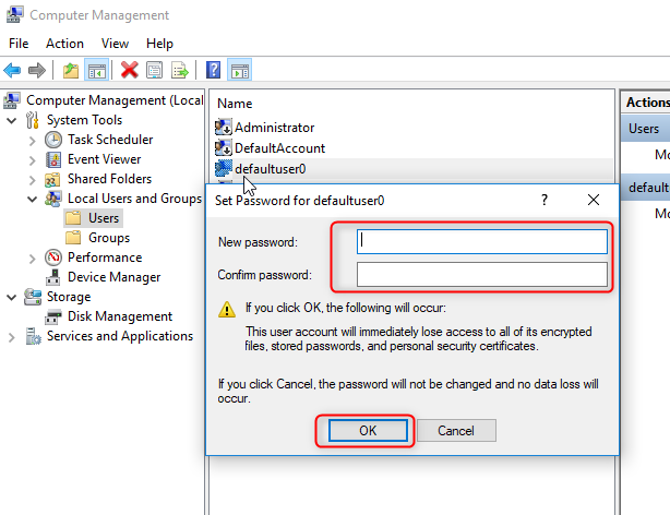 impostare la password per defaultuser0