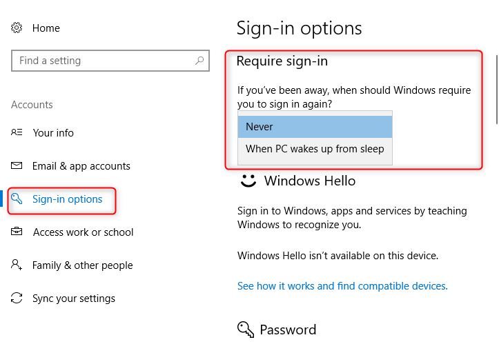 Opzioni di accesso a Windows 10