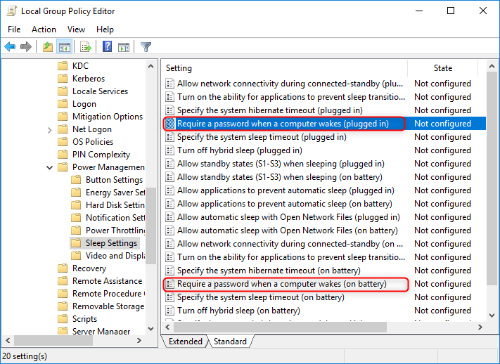 Impostazioni di sospensione di Windows 10