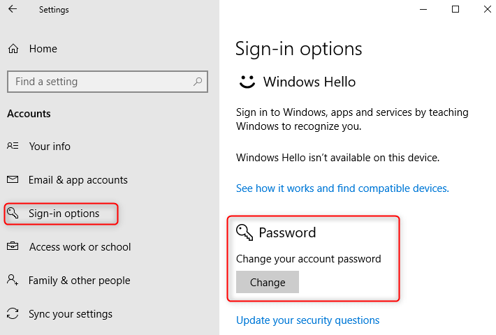 cambiare la password e impostare la password di blocco schermo su Windows 10