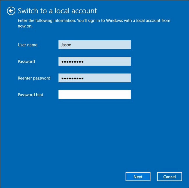 impostare il nome dell'account e la password per l'account locale