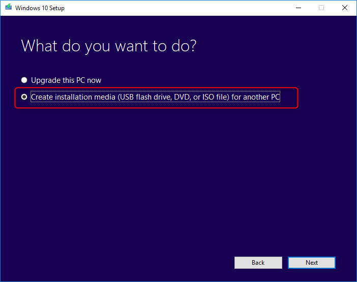 creare supporti Windows 10