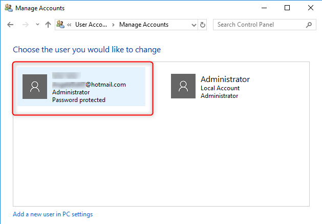 Rimuovere l'account Miscrosoft da Windows 10