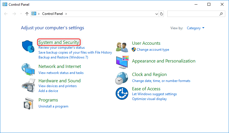 selezionare Sistema e sicurezza nel pannello di controllo di Windows