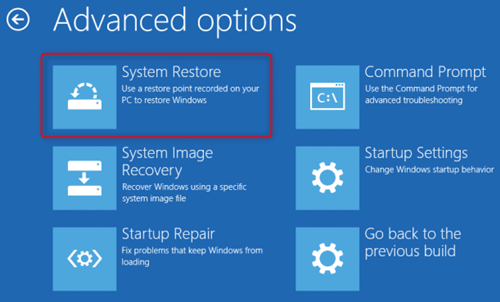 selezionare il ripristino del sistema in windows per risolvere l'errore di windows 10