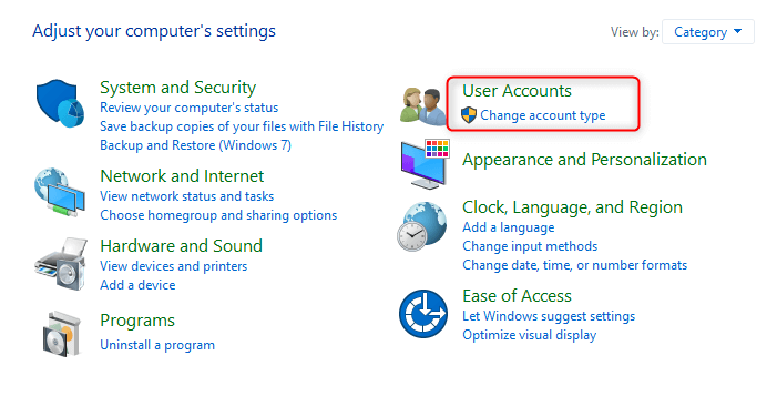 cambiare il tipo di account in windows 10
