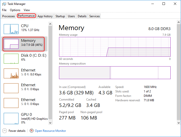 controllare la memoria su Windows 10