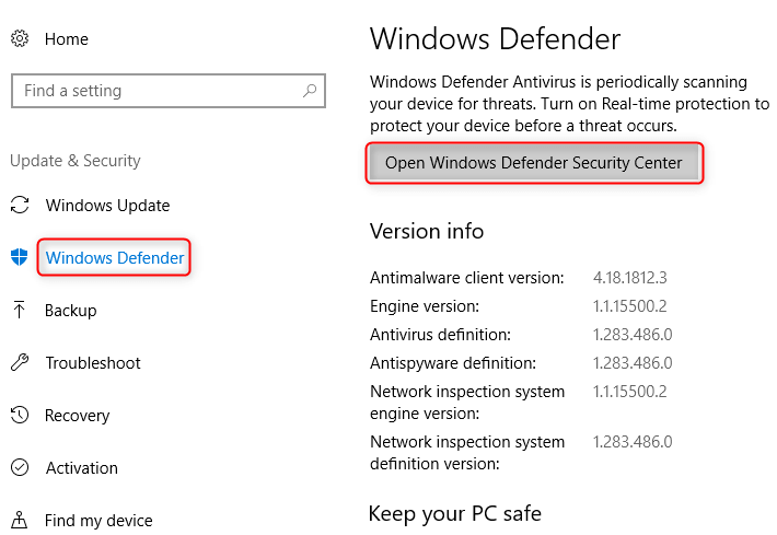 Aprire Windows Defender su Win 10
