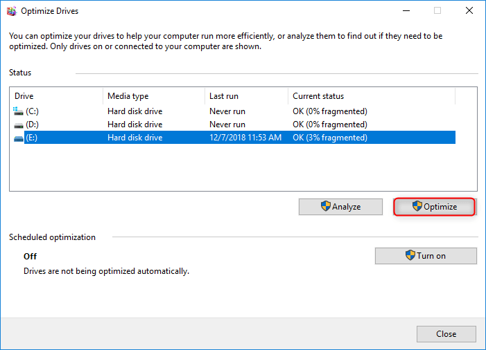 ottimizzare le unità su Windows 10