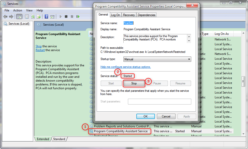 interrompere il servizio di assistente alla compatibilità del programma