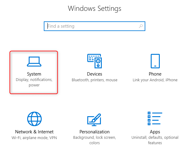 aprire le impostazioni di sistema di Windows 10