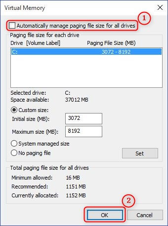 fare clic su Imposta gestione automatica delle dimensioni del file di paging