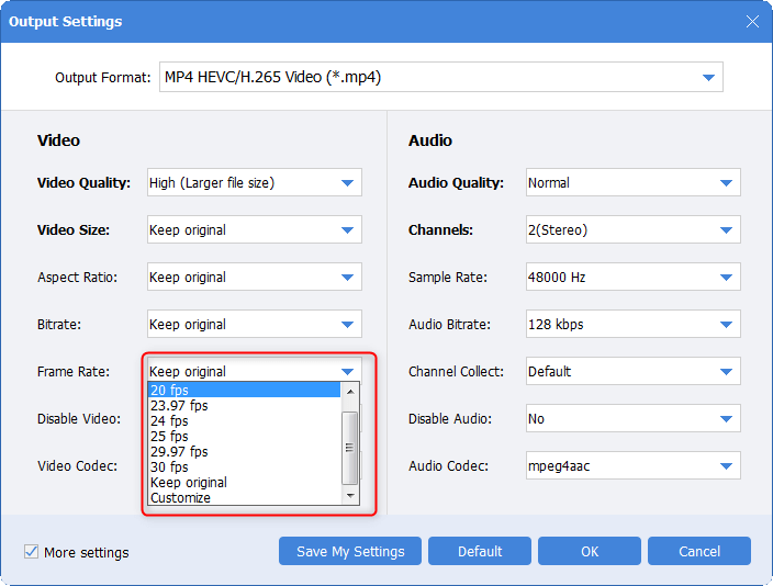 controllare le impostazioni della frequenza dei fotogrammi video