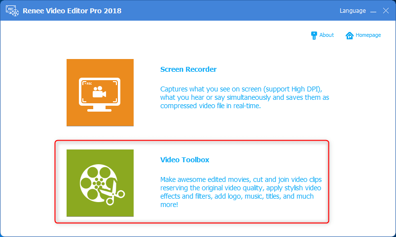 fare clic sulla casella degli strumenti video in renee video editor pro