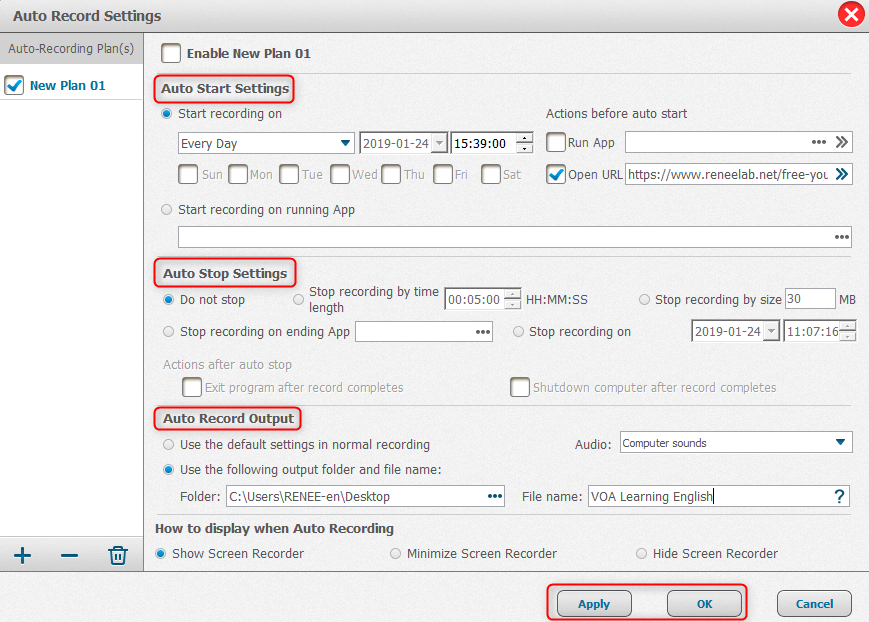 piano di registrazione auto