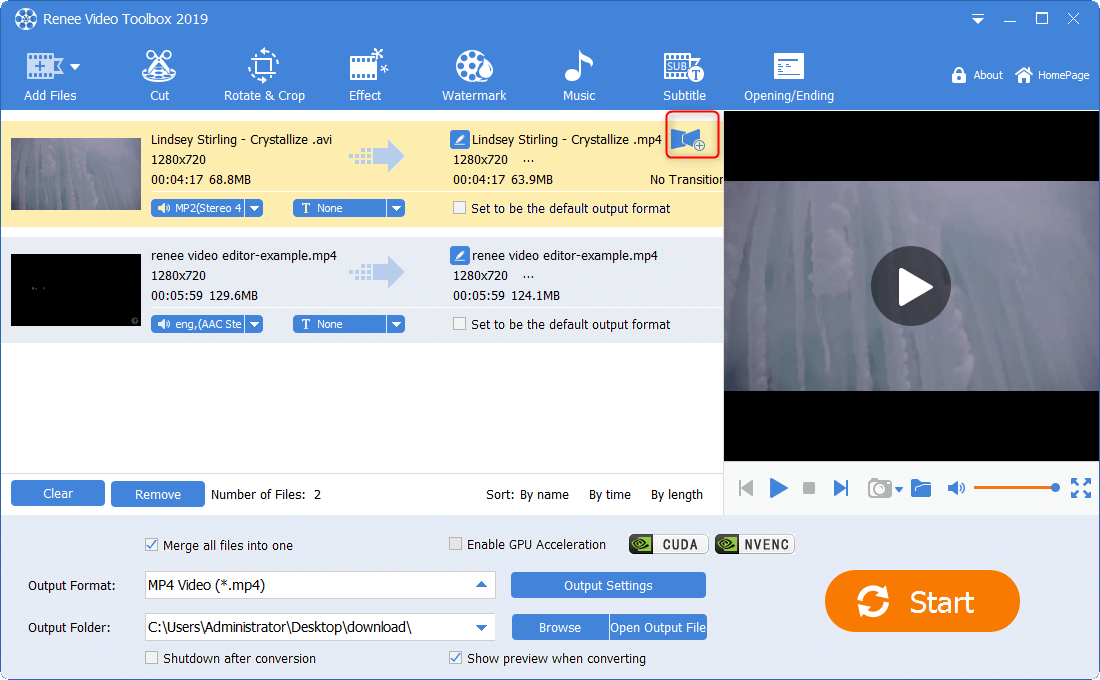 aggiungere una transizione video in renee video editor pro