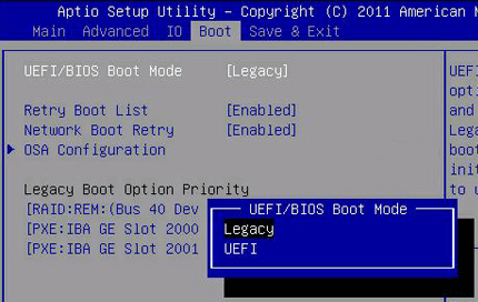 Modalità di avvio UEFI/BIOS