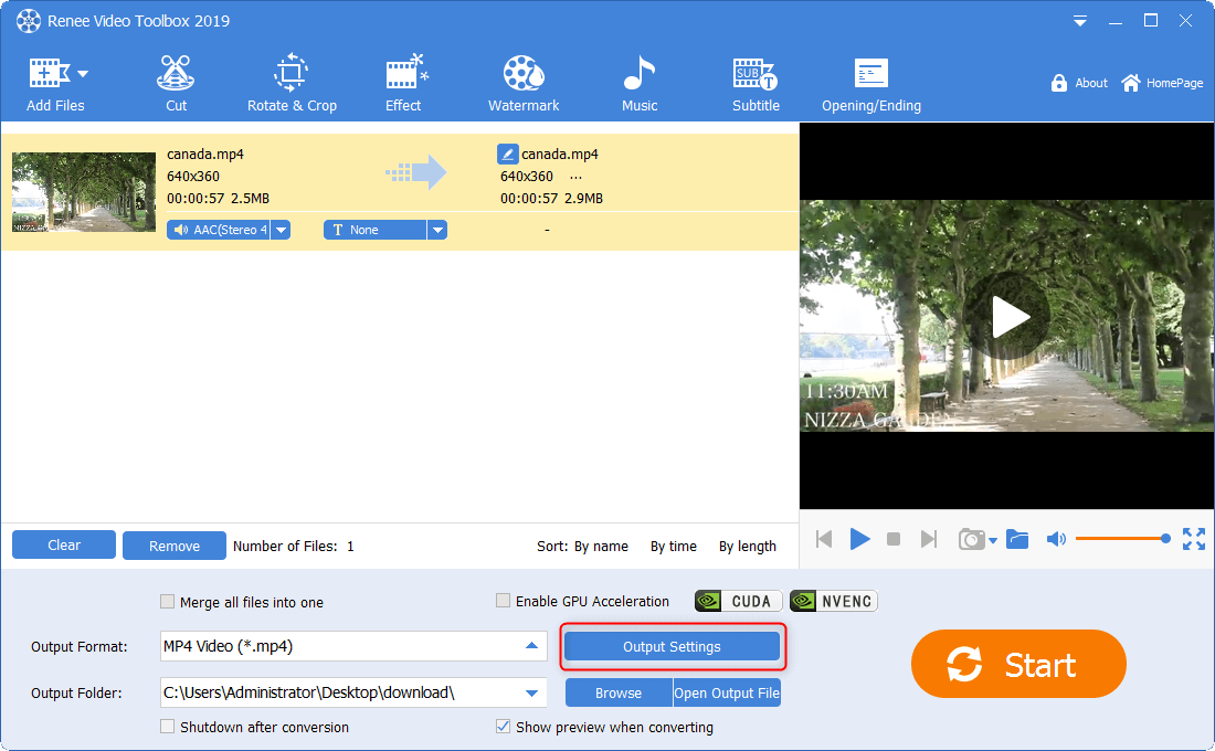fare clic sulle impostazioni di output in renee video editor pro