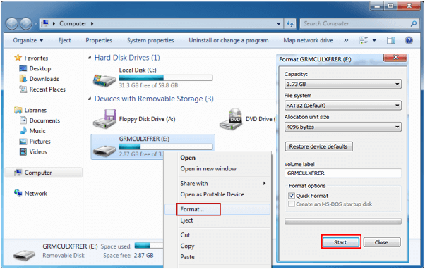 Fare clic su Start per formattare l'USB