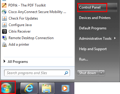 aprire il pannello di controllo in Windows 7