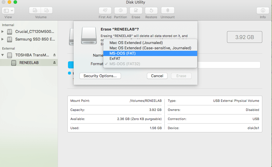 selezionare il formato del disco e cambiare il nuovo formato in mac