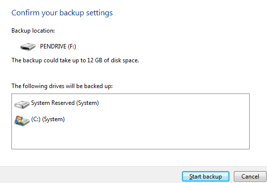 avviare il backup di Windows 7