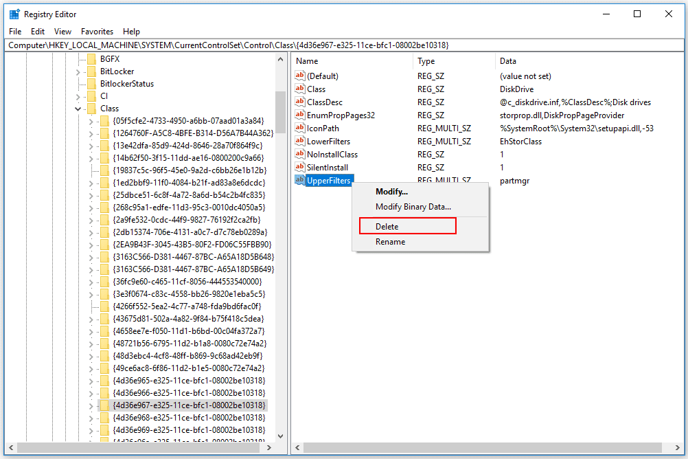 windows 10 eliminare il valore di registro upperfilters