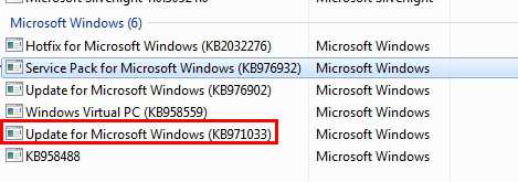 Disinstallare l'aggiornamento di Windows KB971033