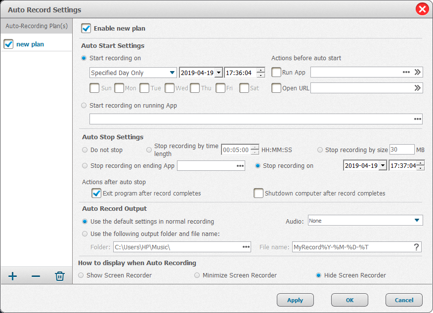 impostare il piano di registrazione automatica in Renee Screen Recorder