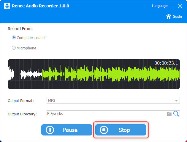 interrompere la registrazione di musica in renee audio tools