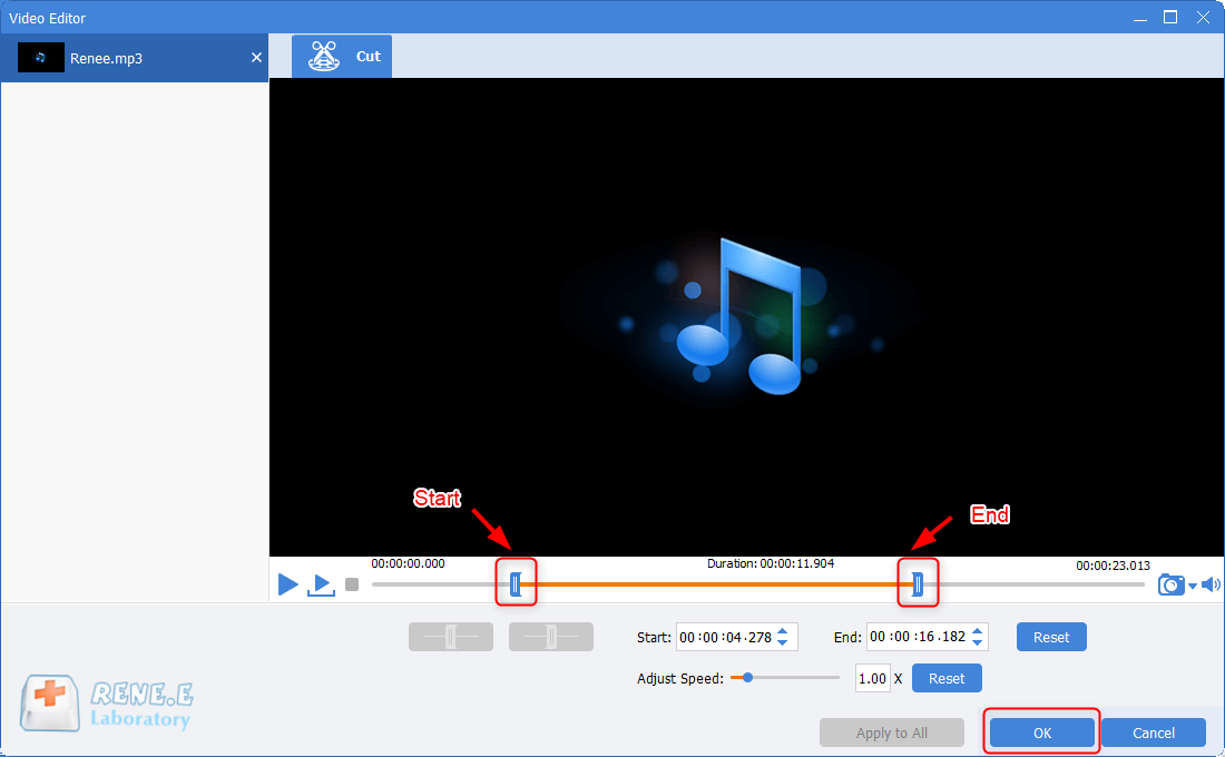 impostare l'ora di inizio e di fine del taglio degli mp3