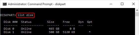 digitare list disk in diskpart per inizializzare il disco