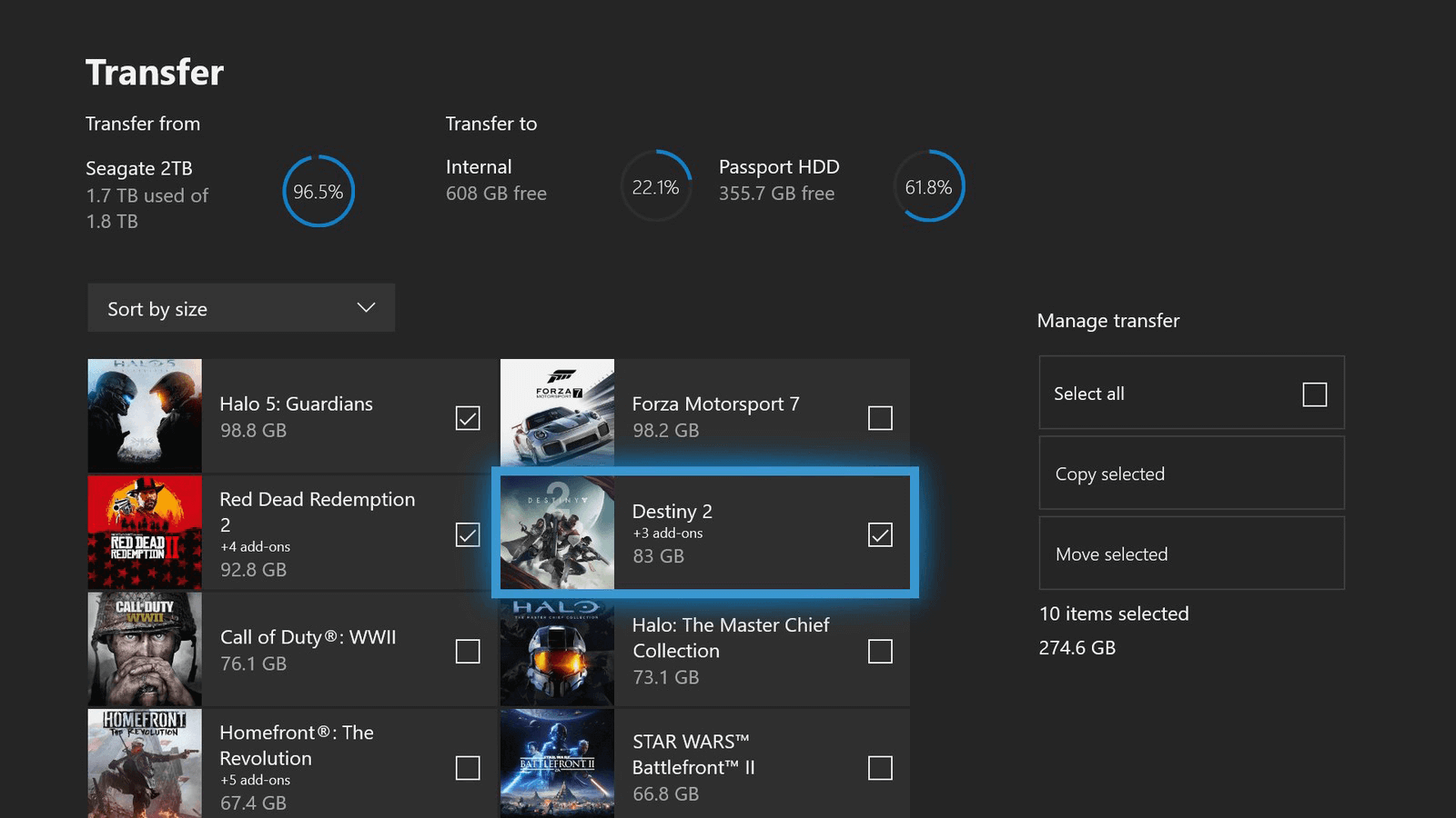 Selezionare i giochi di destinazione e spostarli sull'SSD esterno della Xbox One.