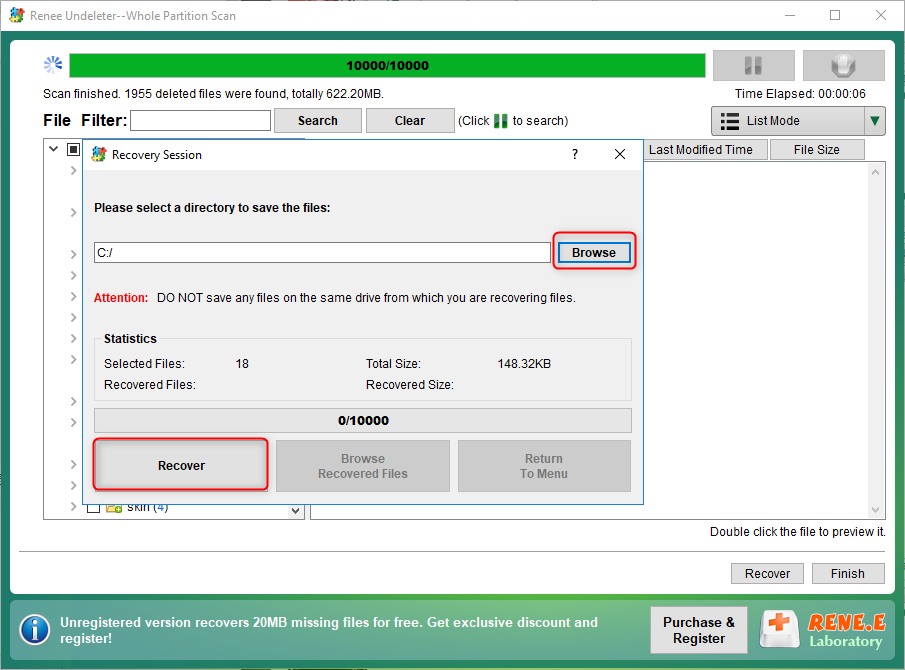 selezionare la cartella di output per la sessione di recupero da scheda usb o sd in renee undeleter