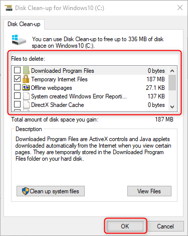 selezionare i file temporanei da eliminare in Windows 10