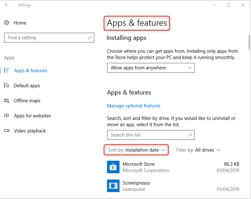 applicazioni windows ordinate per data di installazione