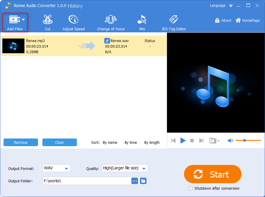 fare clic su Aggiungi file per selezionare i file audio