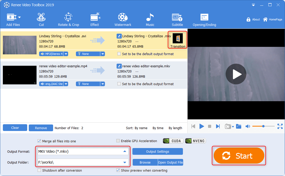aggiungere transizioni e produrre i video mkv in renee video editor pro