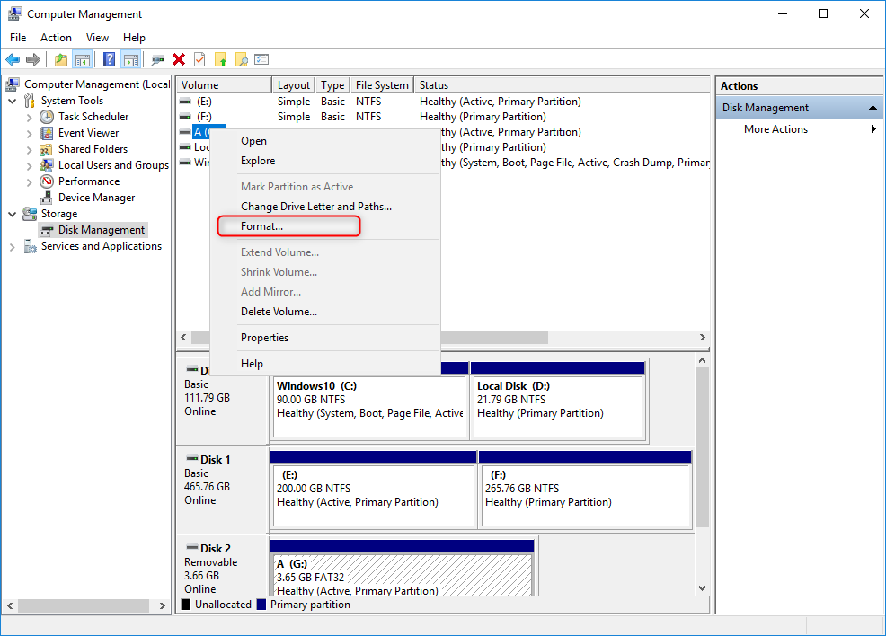 Fare clic con il pulsante destro del mouse per selezionare formattazione della scheda sd in Gestione disco.