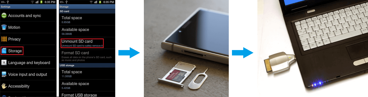 smontare la scheda sd sul telefono Android e collegarla al pc