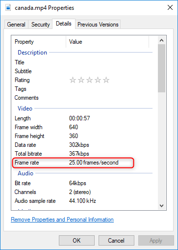 controllare i fotogrammi al secondo nelle proprietà del file