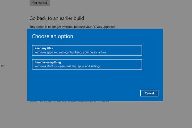 selezionare rimuovi tutto in Windows 10