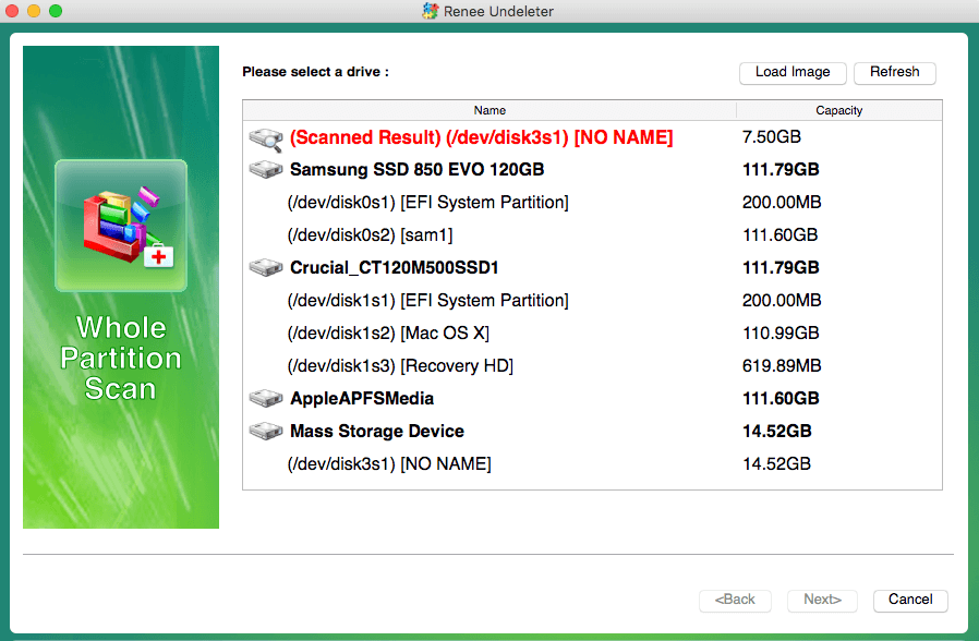 fare clic per selezionare un'unità di destinazione nella scansione dell'intera partizione in renee undeleter su mac