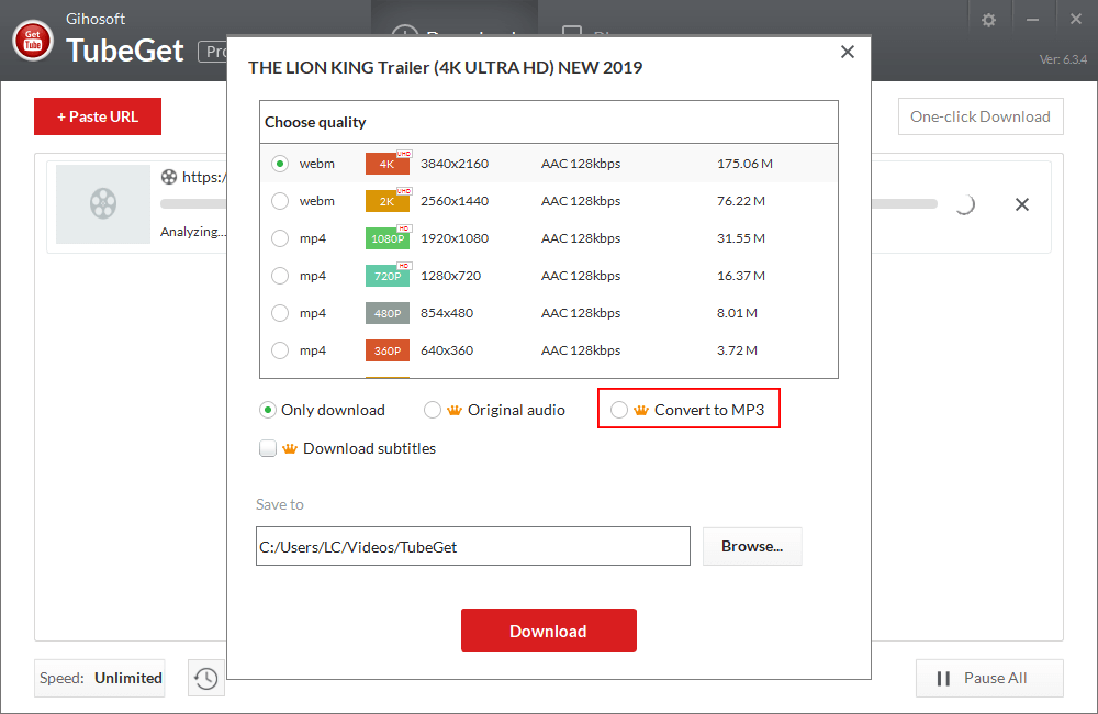 convertire youtube in mp3 a 320kbps su Gihosoft TubeGet