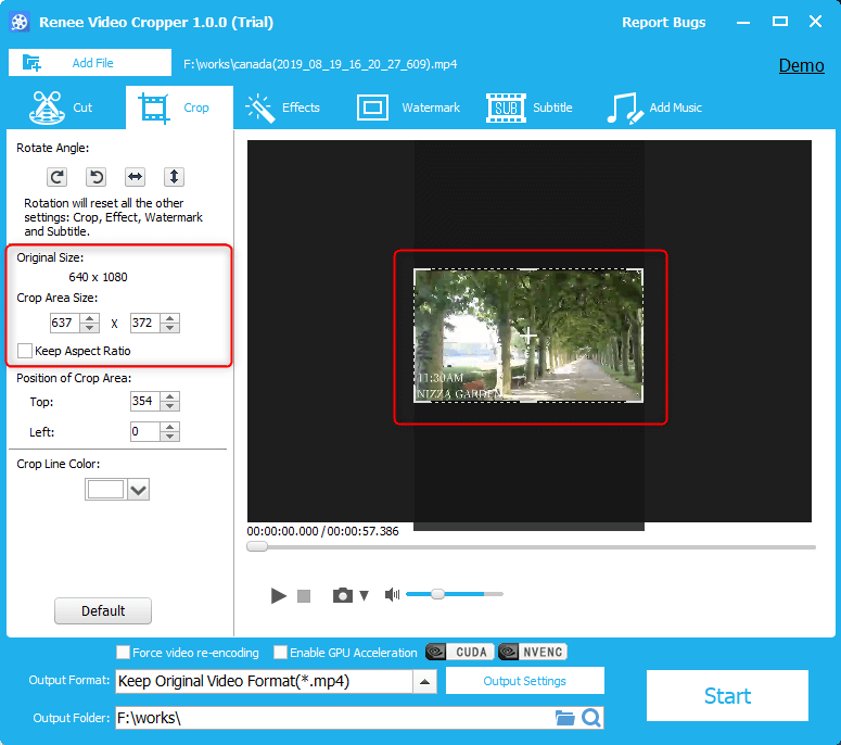 selezionare un'area dello schermo da ritagliare in renee video editor